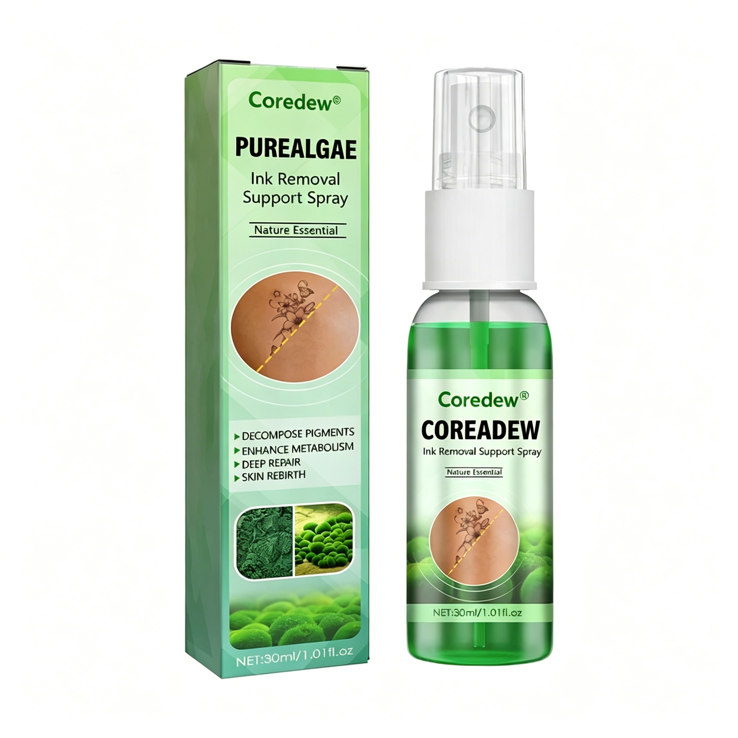 Coredew® PureAlgae Ink Removal Support Spray 🌿 — Say Goodbye to Old Tattoo Pigment 💚, Fade Stubborn Ink ✨, Repair & Smooth Treated Skin 💧, Non-Laser ✅, Try It Now! 🔥